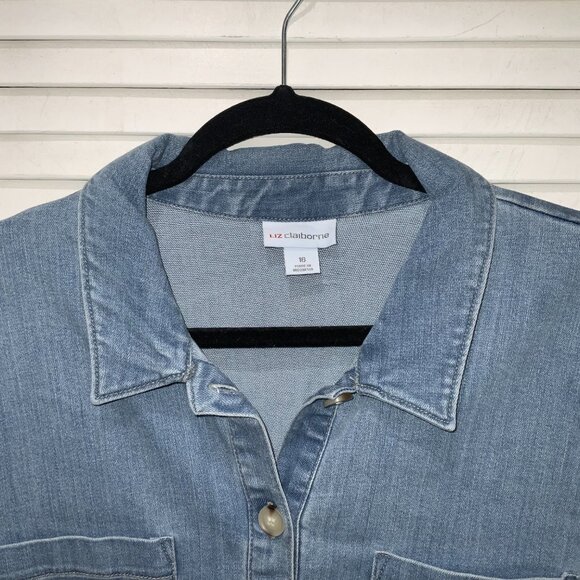 Liz Claiborne Denim Collard Short Sleeve Button Down Dress Size 16 - Picture 2 of 4